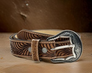 Western Style Embossed Leather Belt for Men Brown <b>Tooled</b> Floral Pattern Cowboy Waistband with <b>Engraved</b> Silver Buckle - Product Image 4