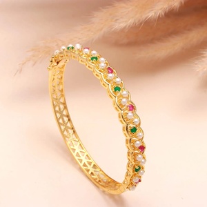 22K Gold Plated Multi Stone <b>Bracelet</b> Emerald Ruby Pearl Brass Kada Openable Traditional Bridal Jewelry for Women - Product Image 2