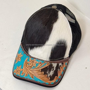 Sombrero de Camionero de Cuero de Vaca Hecho a Mano con Ala Turquesa, Gorras de Malla de Pelo Auténtico, Ajustable - Product Image 5