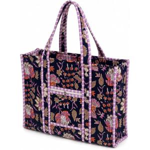 CRAFT HACKLE Quilted Cotton Tote <b>Bag</b> <b>for</b> <b>Women</b> Floral Pattern Bohemian Zipper Pocket Striped Handles <b>Travel</b> - Product Image 4
