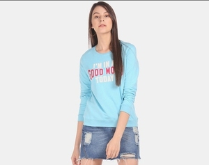 Sweat-shirt décontracté pour femme, bleu clair, col rond, manches longues, imprimé lettres, respirant, 100 % coton tricoté, idéal pour le printemps - Product Image 1