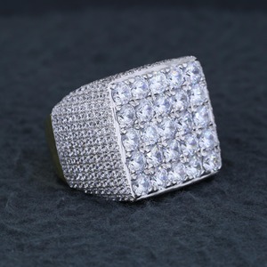 <b>Mens</b> Square Iced Out Moissanite Diamond <b>Ring</b> 14k Yellow Gold Vermeil Pinky <b>Ring</b> Hip Hop Chunky Rapper Bling Statement <b>Ring</b> - Product Image 3