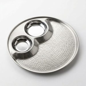 Plat de service miroir satiné martelé isolé en acier inoxydable SS304 fait main, 38 cm, 2 compartiments, Chaska Twin Well, pour fêtes et décoration intérieure - Product Image 3