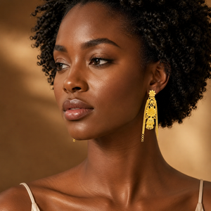New Design <b>Cute</b> Flower Shape 24K Gold Plated Brass Long Chain Stud <b>Earrings</b> for Women African Nigerian Arabic Dubai Weddings - Product Image 4