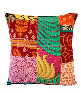 Handmade Patchwork Cotton Cushion Cover Kantha Stitch Multicolor Decorative Pillow Case Home Decor - Product Image 3