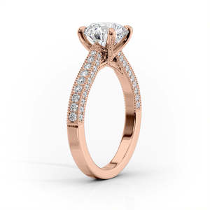 Anillo de compromiso de moissanita con corte cojín, banda de oro rosa de doble fila con pavé, anillo nupcial vintage con milgrain - Product Image 6
