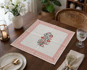 Boho Orange Carry Hand Block Print <b>Table</b> Mat Set White Cotton Placemats Export Quality Washable <b>Dining</b> Decor Masterpiece Set - Product Image 1