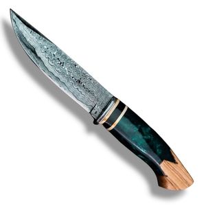 Hochwertige Jagdmesser mit Damastmuster, scharfer feststehender Klinge, dekorativem Holzgriff und gebogener Schneidkante für den Outdoor-Einsatz - Product Image 5