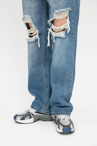Jeans déchirés pour homme, coupe droite, délavage moyen, style décontracté, denim pour homme - Product Image 5