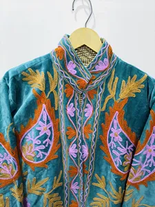 <b>Women</b> Turquoise Embroidered Suzani <b>Jacket</b> With Floral Pattern Full Sleeve Stand Collar Bohemian <b>Women's</b> Winter Outerwear - Product Image 6