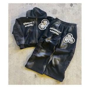 Custom Hot Selling Zip Up Sweat Suits Distressed Patch Acid Wash Hoodie and <b>Sweatpants</b> Set <b>Flared</b> Tracksuit Streetwear Casual - Product Image 1