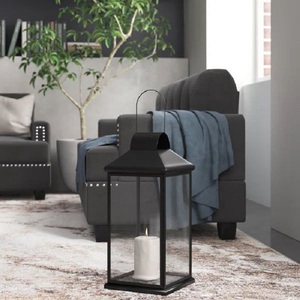 <b>Black</b> Rectangular Metal <b>Lantern</b> With Candle Holder For Home Decoration Durable <b>Black</b> Frame Clear Glass Panels Handle - Product Image 1