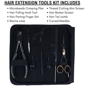 Hair Extension <b>Tools</b> <b>Kit</b> Rexine Case Barber Scissor Comb Parting Finger Set Curved Needle Hook Microbeads Crimping Plier Salon - Product Image 2