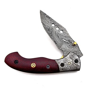 Cuchillo de caza plegable de acero de Damasco de grado industrial BA Enterprises, mango de madera, hoja de punta caída, apertura con perilla, 8 pulgadas de largo total - Product Image 2