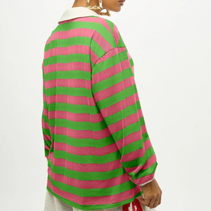Camiseta de Punto a Rayas para Mujer, Estilo Rugby, Cuello en V, de Poliéster de Primera Calidad, Manga Larga, Informal, con Estampado Verde y Rosa - Product Image 2