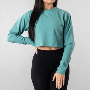 Camisetas personalizadas para mujer, Top corto de cuello redondo, sudaderas de algodón y licra, camiseta atlética de manga larga holgada - Product Image 5