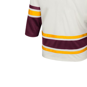 Jersey de Hockey sobre Hielo Sublimado Personalizado, Blanco, Marrón y Amarillo a Rayas, Manga Larga, Cuello en V, Cierre con Cordón, Transpirable, Poliéster, para Hombre Adulto - Product Image 6