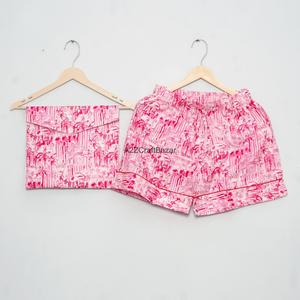 Ensemble de pyjama court pour femme en coton pur 100% respirant et doux, imprimé fleuri, col en V, fermeture à cordon, été - Product Image 2