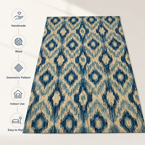 Alfombra de Lana Hecha a Mano, Color Azul Marfil, Patrón Geométrico Ikat, Alfombra Decorativa para Sala de Estar o Dormitorio - Product Image 6