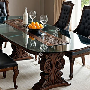 Product Name Luxury Handcrafted <b>Solid</b> <b>Wood</b> 6 Seater Dining <b>Table</b> Set Ornate Carved Base Premium Glass <b>Top</b> Decor --- - Product Image 3