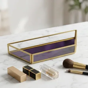 Modern Rectangle <b>Glass</b> Storage Tray with Brass Frame and Purple Base for <b>Desk</b> and Vanity Jewelry Organization Home Decor - Product Image 1