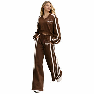 2026 Spring Autumn Custom Logo Striped Tracksuits Casual Loose Fit <b>Bow</b> Collar Long Sleeve Two-Piece Pants Set Women Side Stripe - Product Image 4