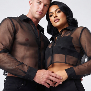 Camisa Corta Sexy de Malla Transparente, Manga Larga, Cuello Camisero, Botones, Blusa de Fiesta, 100% Poliéster, Camisas Cortas Transparentes Unisex - Product Image 4