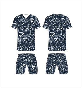 Custom sublimated soccer uniform set for men with dark navy and white marble swirl print jersey and matching <b>shorts</b> - Product Image 4
