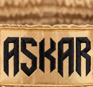 กางเกงชกมวย Askar สีเขียวทอง ขอบเอวพิมพ์ลายสกรีน ทรงหลวม ใส่ได้ทั้งชายและหญิง ผลิตจากโพลีเอสเตอร์ 100% น้ำหนักเบา เหมาะสำหรับศิลปะการต่อสู้ - Product Image 4
