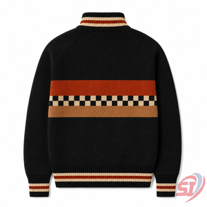 Veste en tricot à blocs de couleur personnalisés, pull côtelé à fermeture éclair intégrale, cardigan jacquard vintage style course, OEM ODM Vente en gros - Product Image 2