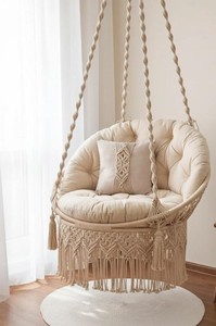 Silla Colgante de Macramé Individual – Silla Columpio Boho Crema con Cojín, Macramé para Interiores y Exteriores - Product Image 2