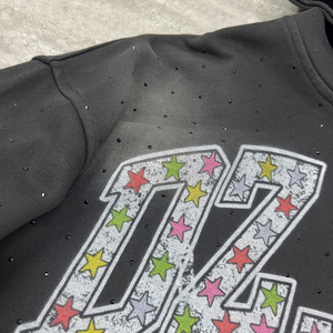Sweat à capuche en molleton 100% coton délavé à l'acide, style streetwear vieilli, pour hommes, avec strass et designs personnalisés - Product Image 4