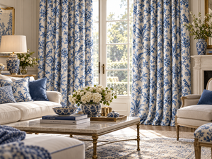 Paneles de Cortina con Diseño Floral Azul y Blanco, Estilo Mediterráneo, para Ventanas de Patio y Sala de Estar - Product Image 3