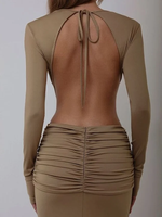 Robe moulante mini sexy en maille extensible à col montant, découpes, imprimé bouffant, détail nœud, sans manches, couleur unie, en spandex