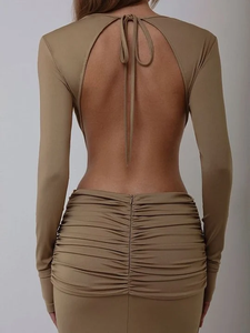 Vestido ajustado de punto elástico con cuello alto, aberturas, estampado, detalle de lazo, sin mangas, color liso, minivestido sexy tipo tubo - Product Image 5