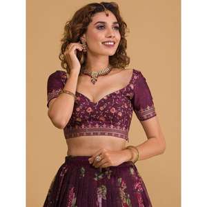 Mono de fiesta increíble Lehenga Choli estampado floral púrpura Organza Sangeet Wear - Product Image 3