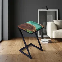 Table d'appoint carrée en bois et résine faite à la main avec pieds en métal, table de lampe, support de vase, table d'appoint pour petit espace, table basse, mobilier de maison