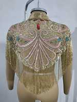 Blouse Cape Vintage de Luxe Dorée Brodée à la Main avec Franges Perlées, Col Rond, Paillettes et Pompons, Motif Floral Ethnique, Style Designer