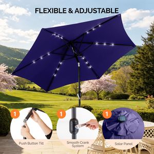 Ombrellone da Patio Solare a LED da 2,7 m con Manovella Inclinabile a Pulsante, 6 Stecche, in Poliestere Impermeabile per Tavoli da Esterno - Product Image 4