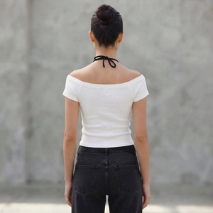 T-shirt femme à épaules dénudées avec imprimé crâne, manches courtes, coupe ajustée, style punk, en jersey de coton blanc, haut printemps-été - Product Image 5