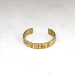 Handmade Brass Cuff <b>Bracelet</b> for Men & Women – Geometric Basket Weave Pattern – <b>Adjustable</b> Gold-Tone Open Bangle - Product Image 4