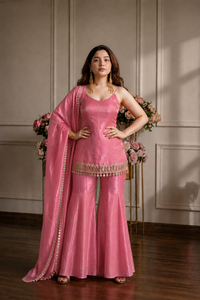 Ensemble Salwar Kameez Punjabi brodé rose avec dupatta à motifs miroir, tenue ethnique indienne traditionnelle - Product Image 1
