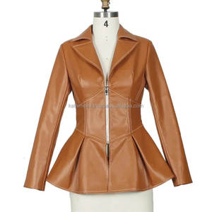 Marron Peplum Style cuir femmes vestes fermeture à glissière revers col à manches longues taille haute tunique manteau élégant Slim Fit Design - Product Image 3