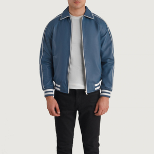 <b>Men</b> Horn Button Stand Collar Breathable Casual Cooper Blue Leather Varsity <b>Jacket</b> New Winter Collection Private Logo Front/Back - Product Image 4
