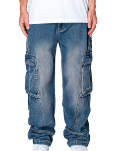 Jean cargo bleu délavé pour homme, coupe large, taille mi-haute, fermeture éclair, décontracté, avec plusieurs poches, personnalisable - Product Image 1