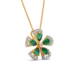 Collier pendentif fleur en or 18 carats de luxe avec pierres vertes taille émeraude et accents de diamants ronds pour femmes - Product Image 3