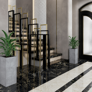 Rampe d'escalier géométrique noire et or avec cadre rectangulaire pour les intérieurs de villas, hôtels et maisons de luxe, dotée de métal de qualité supérieure - Product Image 3