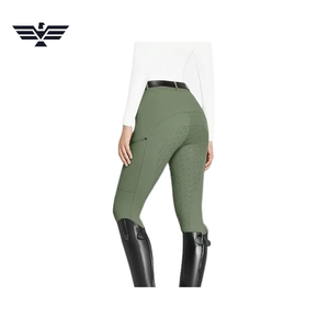 Pantalon d'équitation taille haute pour femme, longueur intégrale, vert olive uni, en Spandex et Polyester, respirant, taille élastique, avec poches - Product Image 4