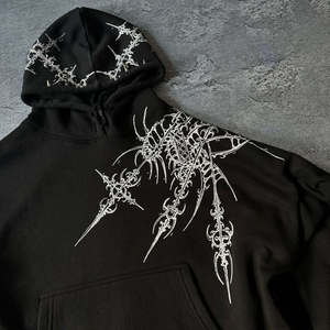 Sweat à capuche court surdimensionné pour homme à imprimé gothique, manches chauve-souris, 100 % coton tricoté, logo au dos, style automne - Product Image 5
