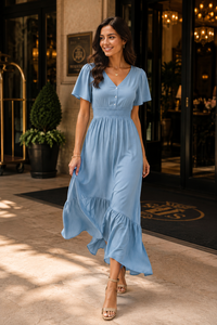 Robe longue d'été en coton pour femme - Robe décontractée bleue de créateur à col en V, manches à volants et volants superposés - Product Image 1